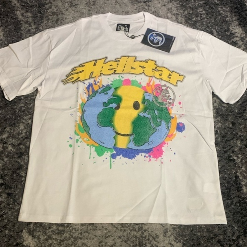 Hellstar Smiley World White Yellow & Green T-Shirt Men’s Size Large